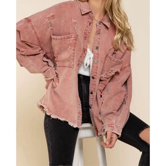 POL Women’s Distressed Denim Shacket Jacket Top  Size Medium - Picture 2 of 10